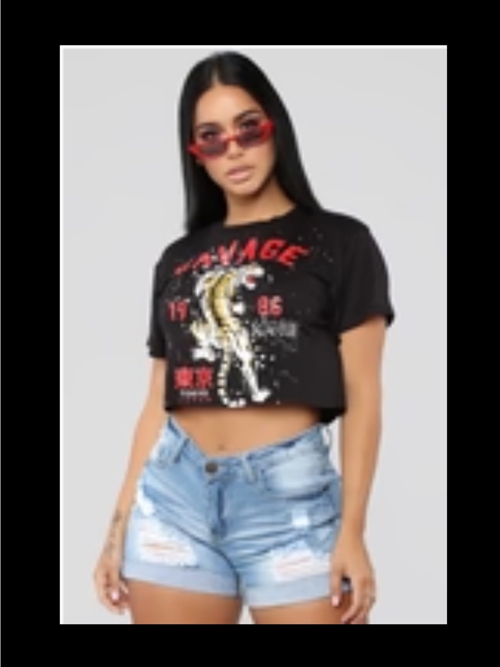 Black Graphic Cropped Tee with Tiger Motif